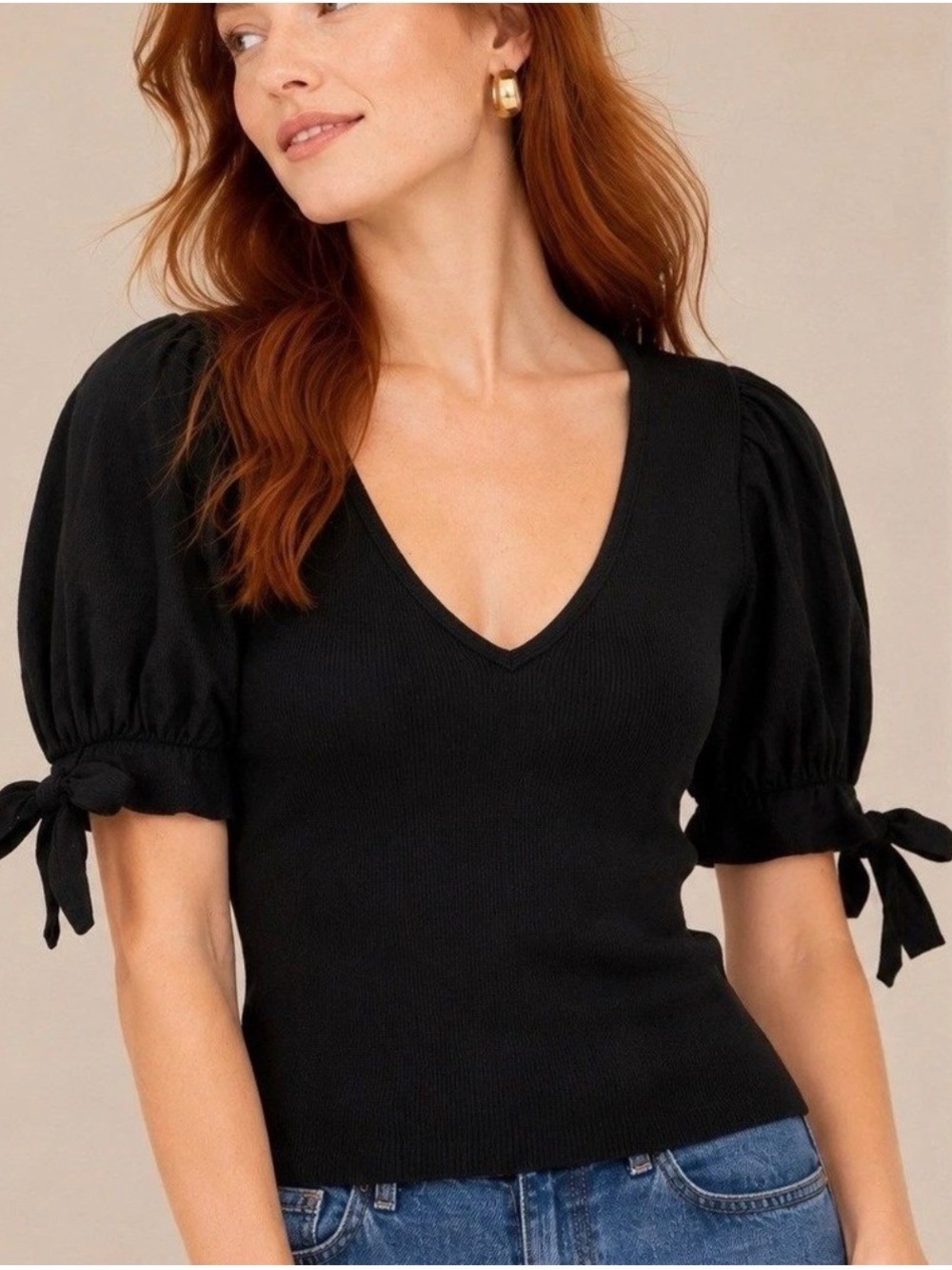 Maeve Anthropologie Black Puff-Sleeve V-Neck Top with Tie Cuffs Size Medium